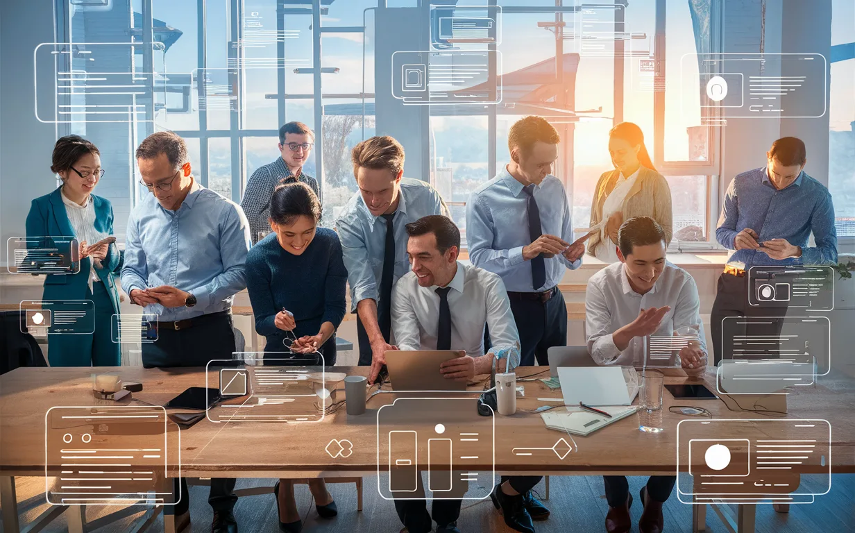 Diverse professional teams working collaboratively with digital devices in a bright office, symbolizing user-friendly content management for startups, agencies, enterprises, and marketing teams.