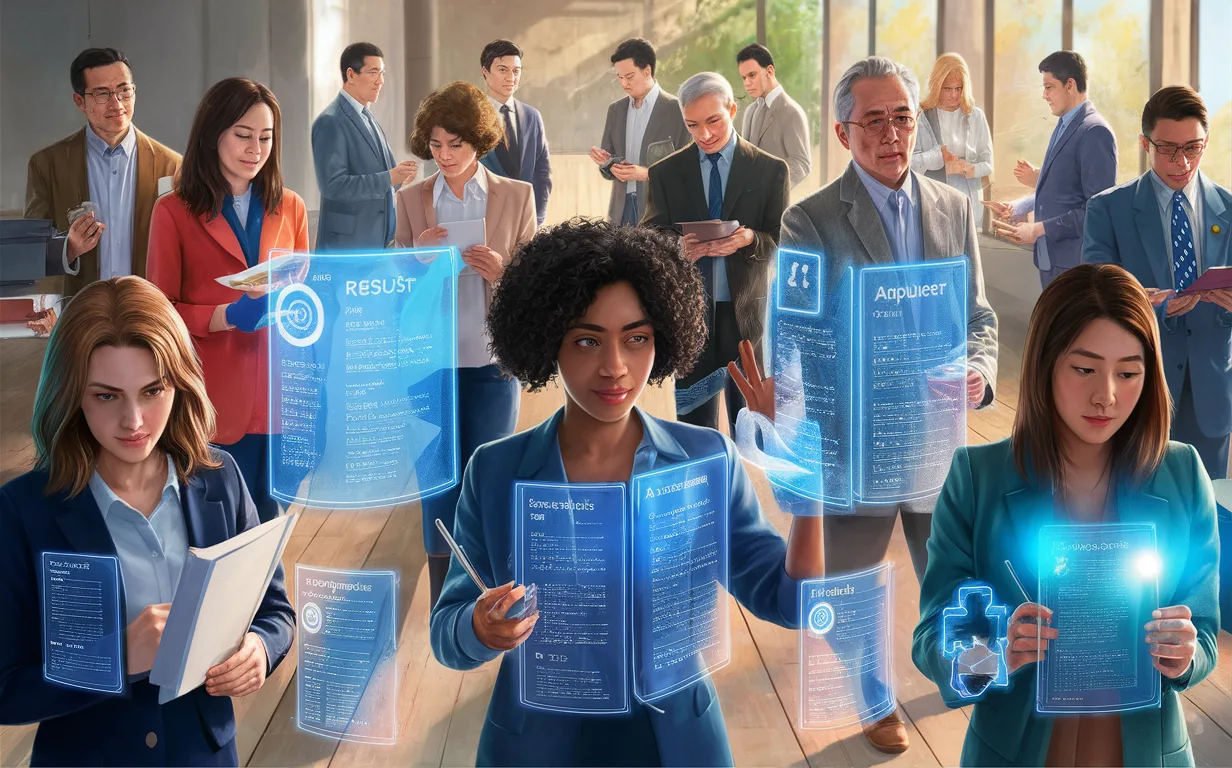 Diverse group of job seekers interacting with an AI-driven recruitment platform in a futuristic digital environment, highlighting tailored support for various career stages.