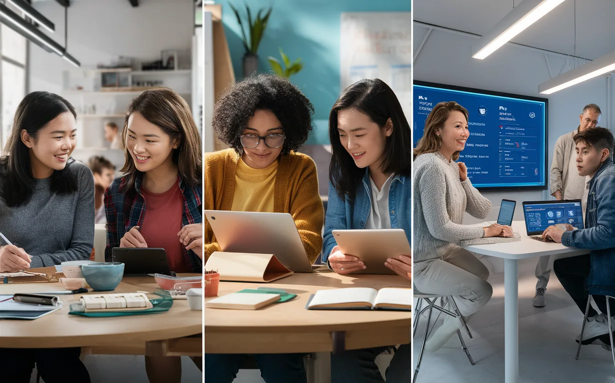 Three groups of users including college applicants with parents, self-directed learners, and educators in a school, interacting with AI-powered education technology in a modern, well-lit environment.