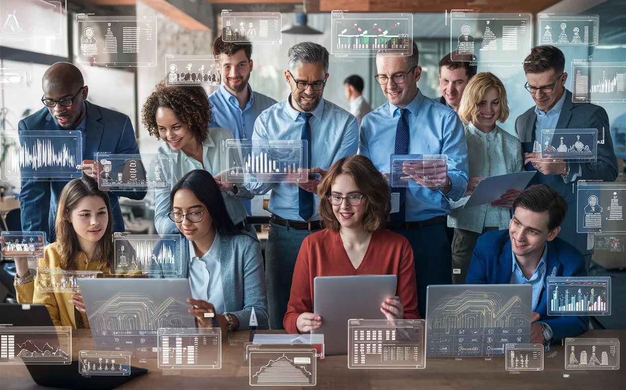 Diverse business professionals and data experts collaborating around AI-powered transparent digital dashboards in a modern office, representing accessibility and teamwork in data visualization.