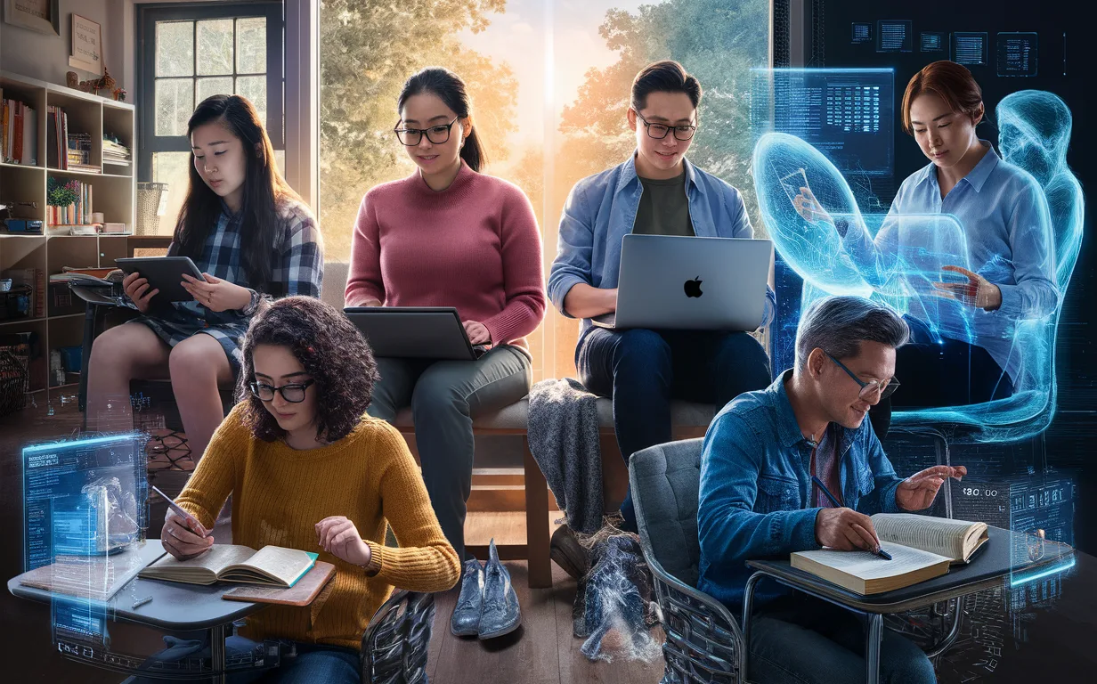 Four groups of learners including students, professionals, teachers, and lifelong learners engaged with AI-powered personalized learning tools in realistic modern settings.