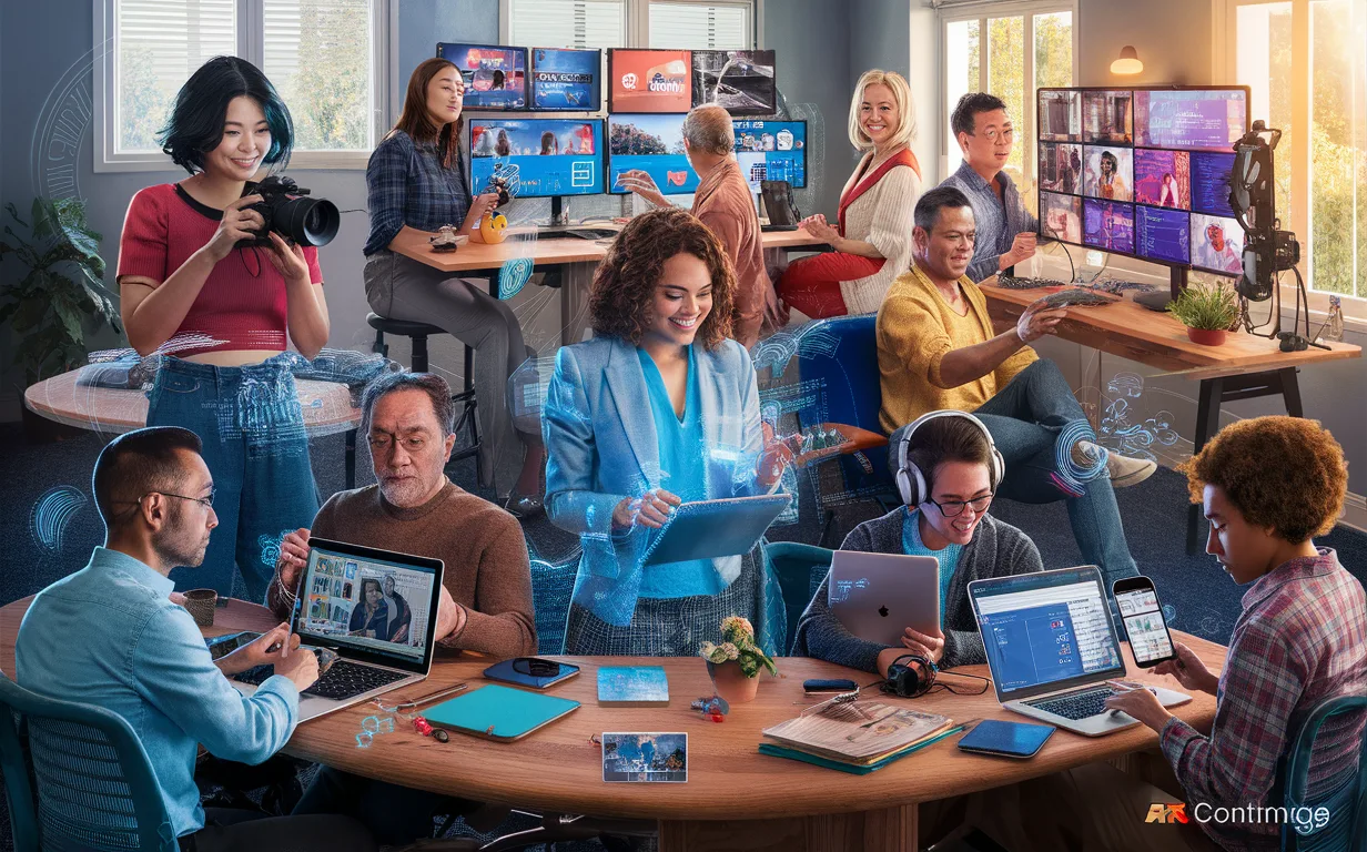 Diverse group of content creators including YouTubers, social media managers, marketers, podcasters, educators, and small business owners using AI-powered video clipping tools in a modern office.