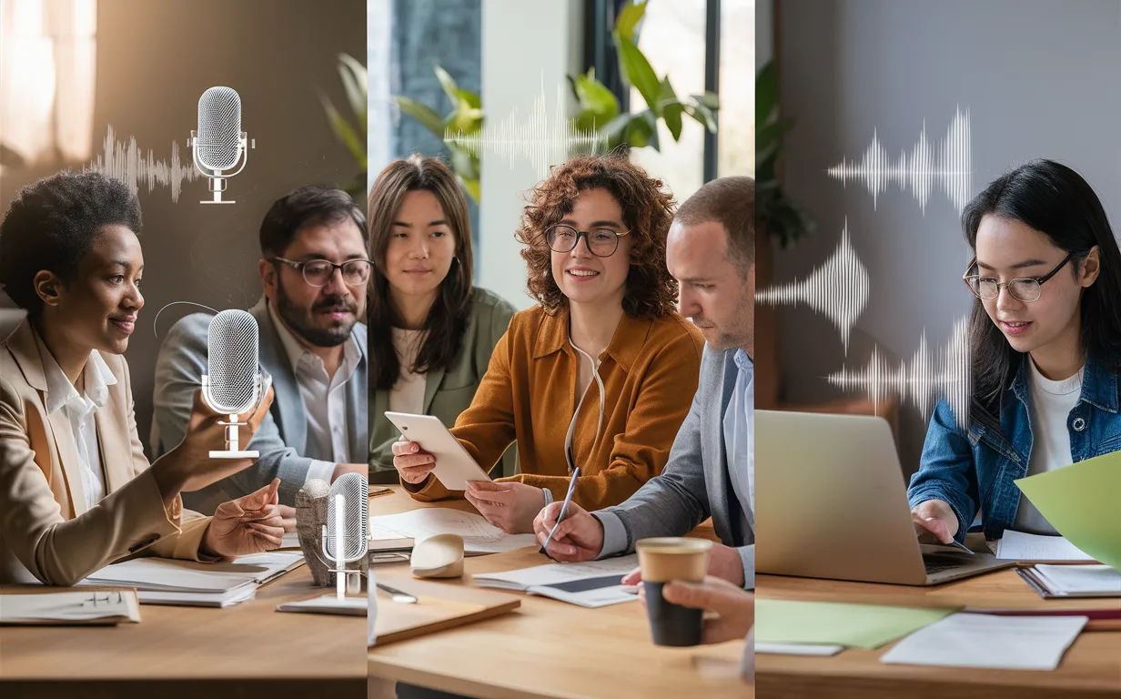 Three user groups using AI transcription: a business professional engaged in a meeting, remote teams collaborating via video calls, and a student reviewing recorded materials in a bright, realistic workspace.