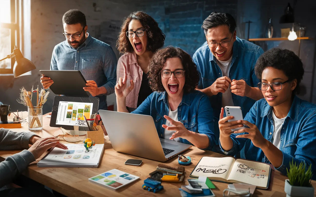 A diverse group of people including designers, beginners, small business owners, and learners engaging with AI image generation tools in a modern, realistic workspace.