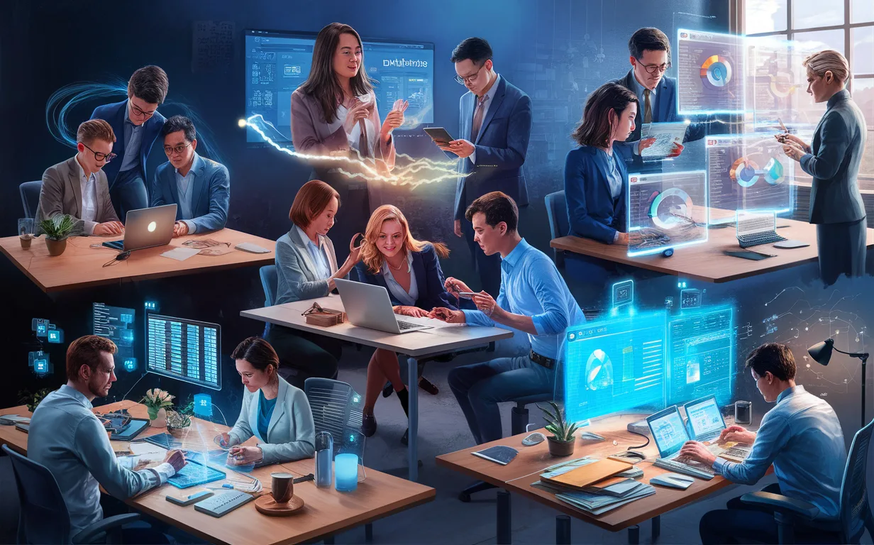 Diverse business professionals collaborating in various settings including startups, remote teams, project managers, corporate departments, and individual productivity focus, with glowing digital connections symbolizing AI automation.
