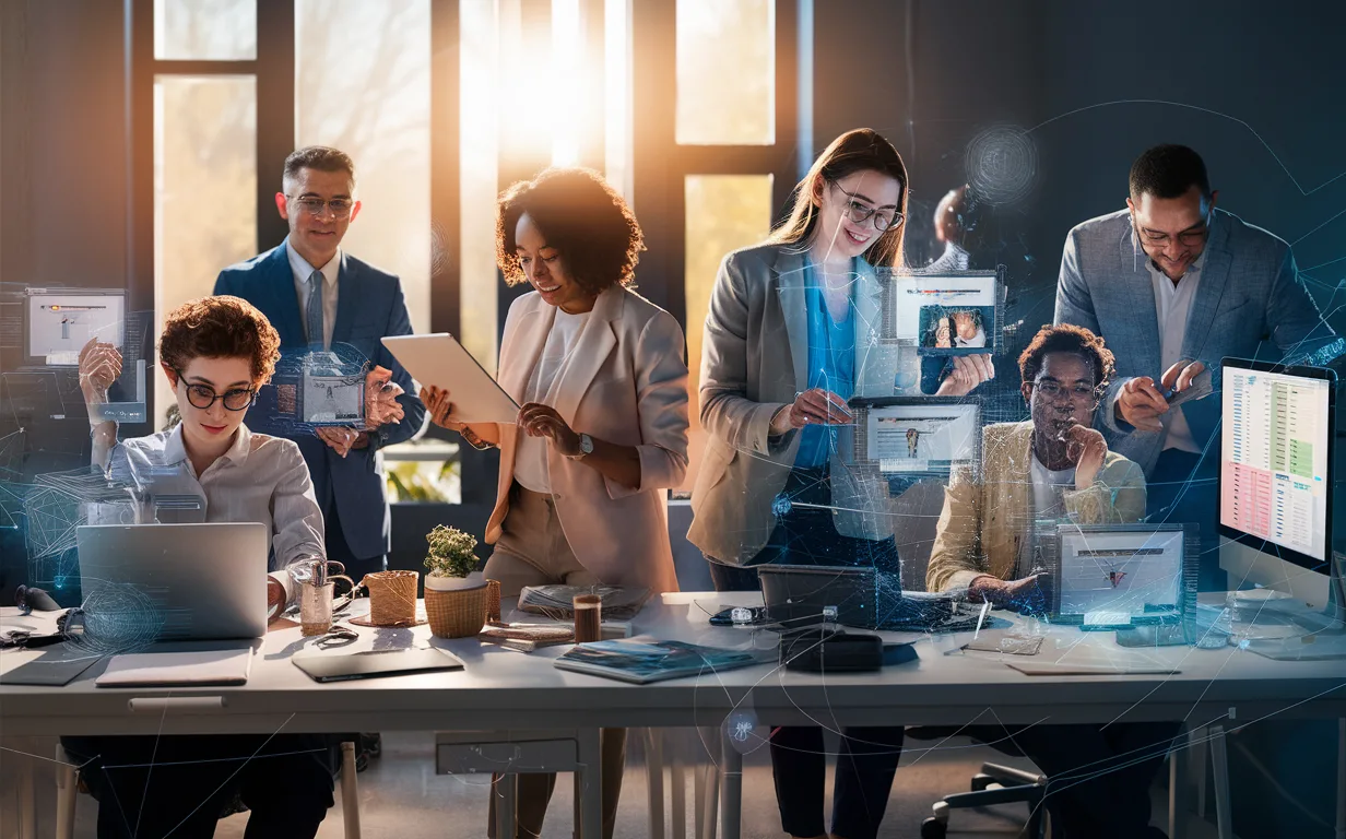 Diverse professionals including a small business owner, freelancer, marketing agency staff, and startup founder working with digital devices in a modern, well-lit office, symbolizing AI-powered social media content creation.