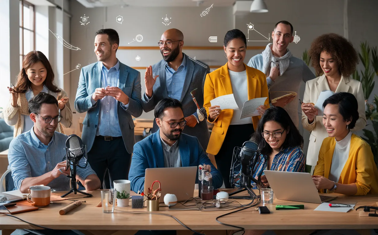 Diverse professionals including beginner podcaster, content creator, marketer, educator, and media team collaborating remotely, surrounded by podcasting and AI technology elements.