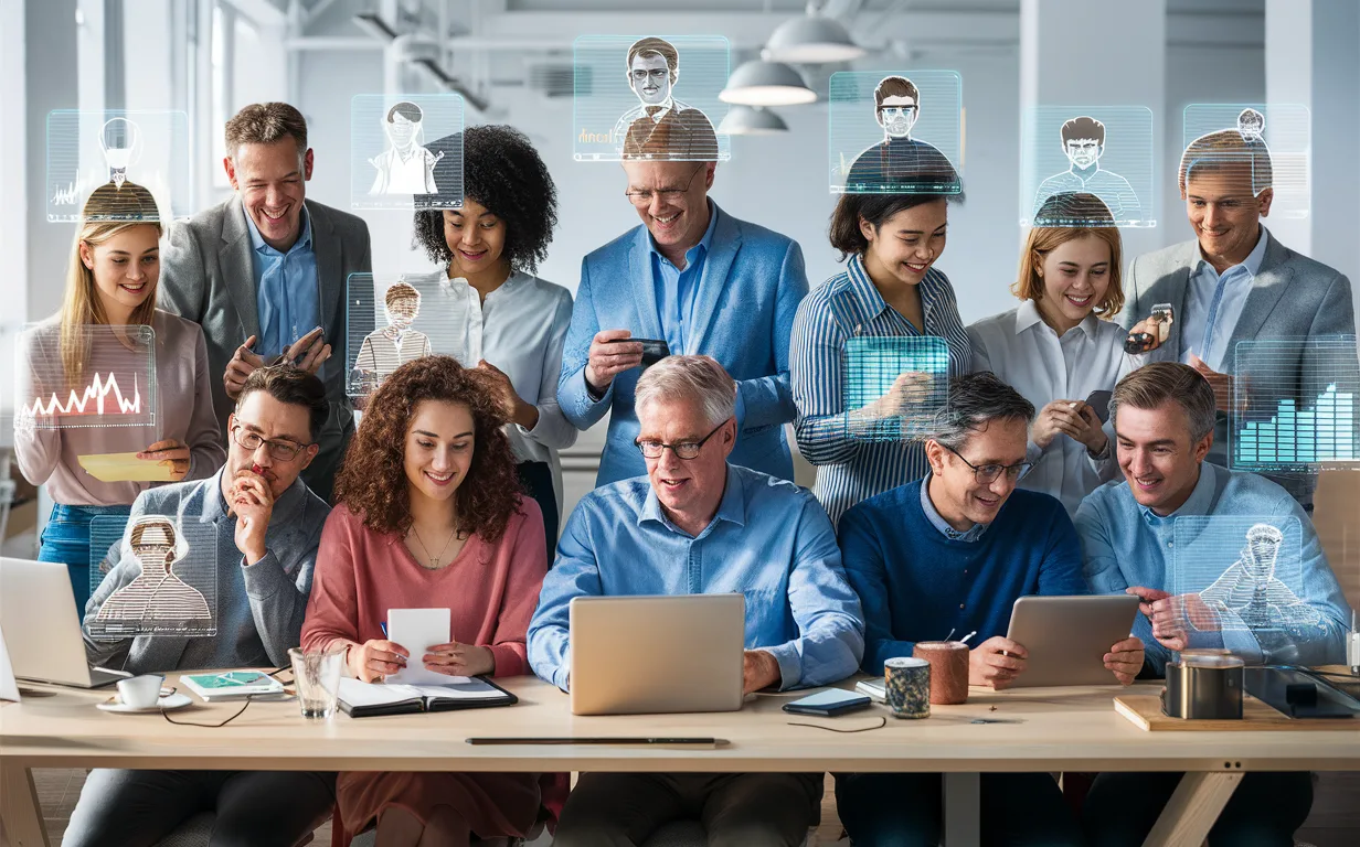 A modern office scene showing diverse users interacting with AI-powered podcast content tailored to busy professionals, students, multitaskers, and trend followers.