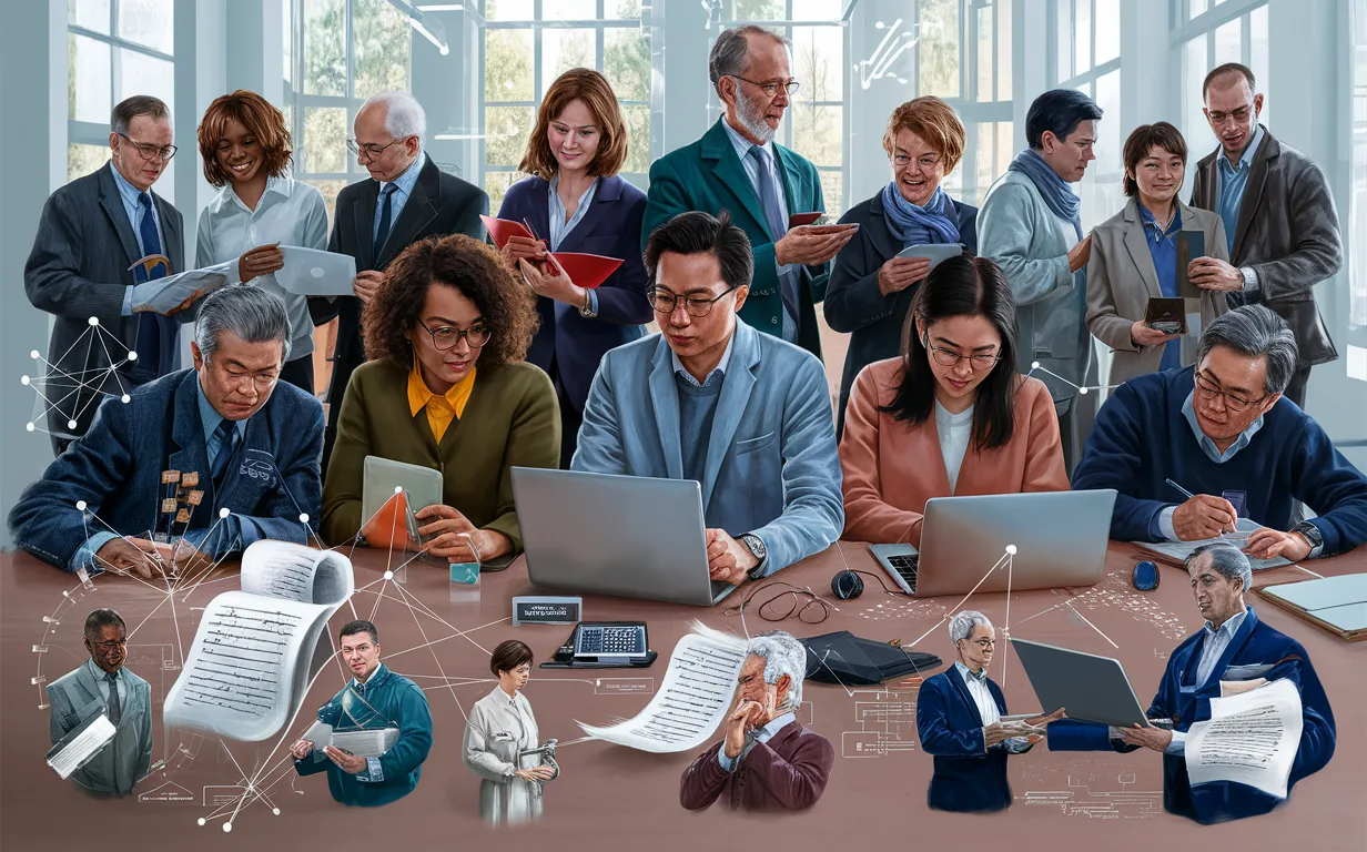 Realistic image of diverse academic community members collaborating using AI writing tools, highlighting various customer segments in a bright, modern environment.