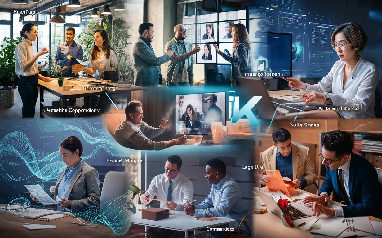 Diverse business professionals from startups, remote teams, project managers, sales, and legal sectors using AI meeting automation tools in a collaborative, high-tech office setting.