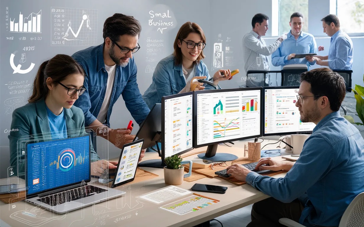 Detailed 4K image representing four user groups of an AI SEO platform: SEO expert, small business owner, freelance writer, and digital marketing agency team working with data-driven tools