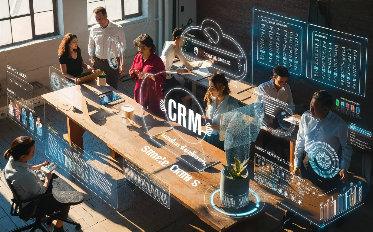 Realistic depiction of small business teams, freelancers, consultants, and nonprofit staff using intuitive, scalable CRM technology in a modern workspace.
