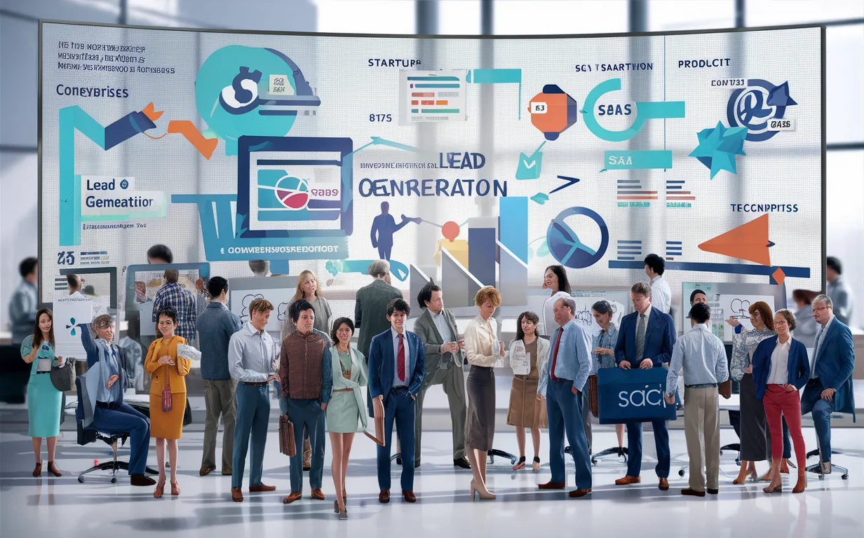 A detailed image of diverse business people collaborating in a modern office with abstract graphics representing lead generation and conversion for SaaS and B2B companies