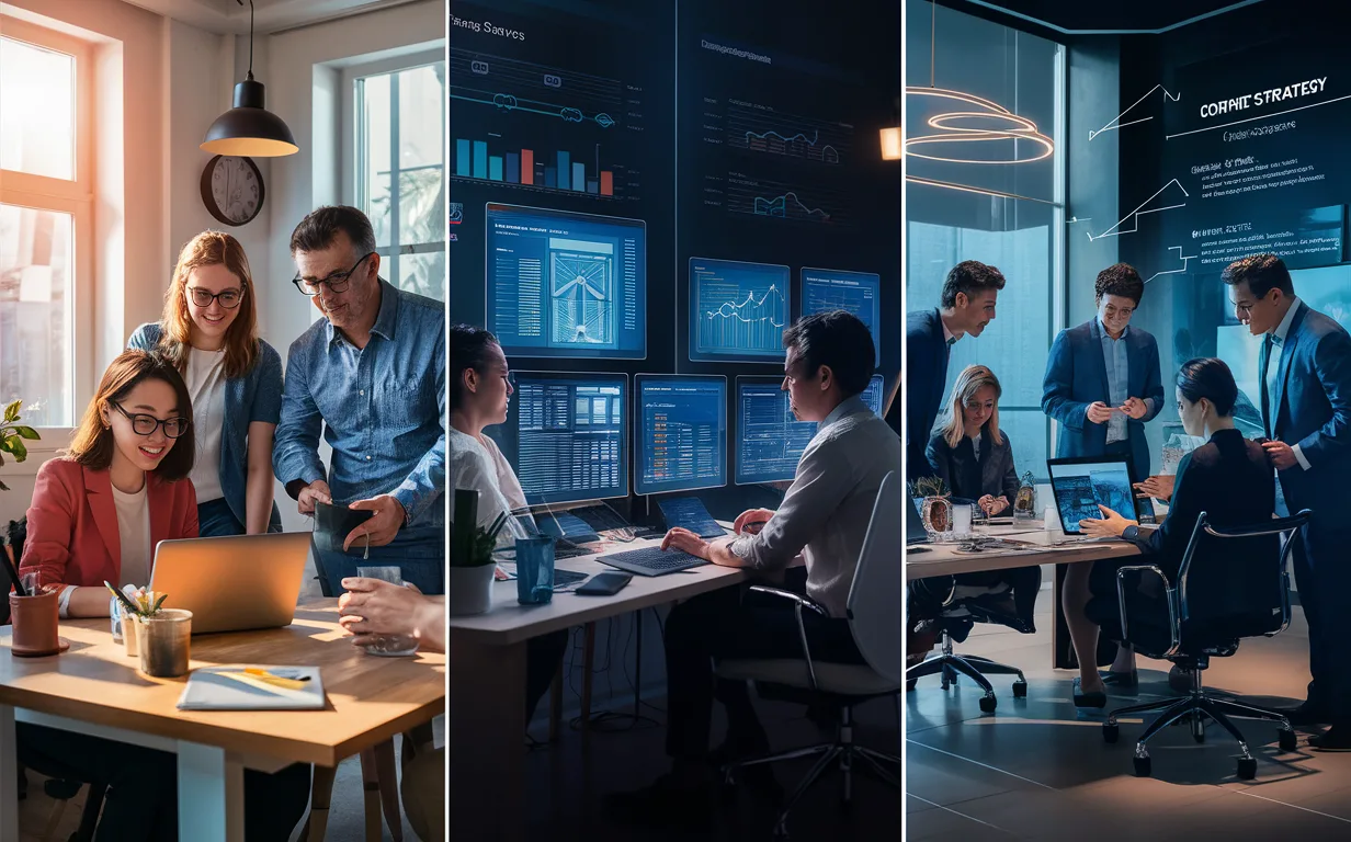 Visual representation of three SaaS company groups: startups, growing firms, and mature businesses collaborating in modern office environments, highlighting content marketing services.