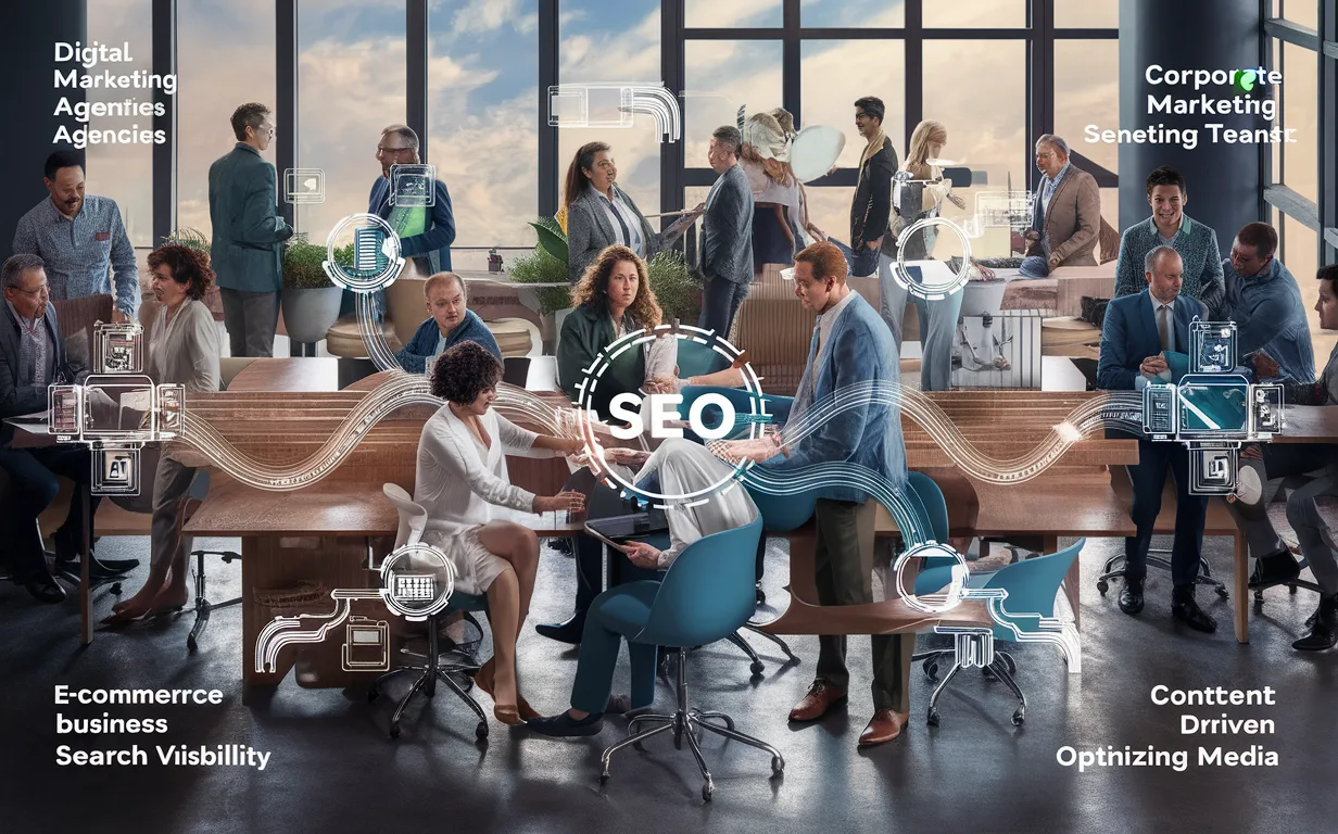 High-resolution image of diverse business teams in a modern office setting connected by digital data streams and SEO-related abstract visuals, representing Centori’s target customers across agencies, corporations, e-commerce, and content businesses.