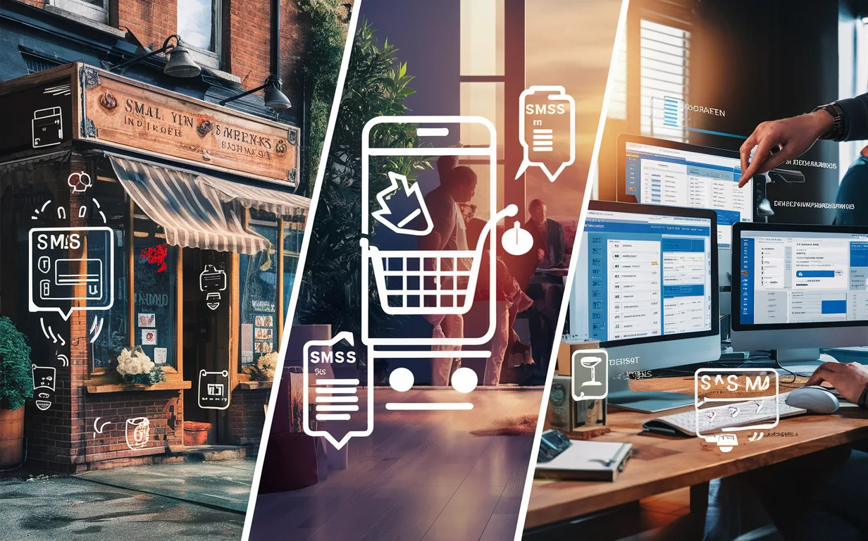 An illustrative scene showing small retail business, e-commerce store, and digital marketing agency using SMS marketing tools, represented with digital devices and notification symbols in a clean and realistic style.