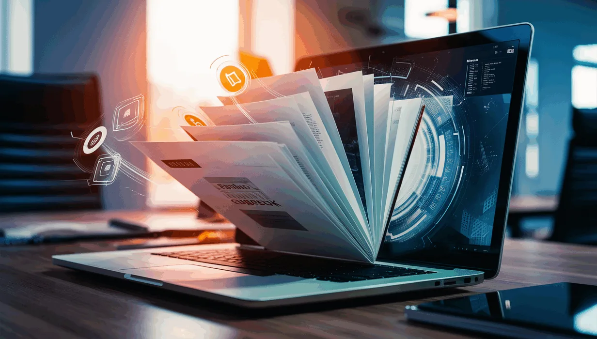 Realistic 4K image of a digital flipbook emerging from a PDF on a laptop screen in a modern office, emphasizing interactive digital publishing technology.