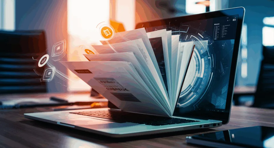 Realistic 4K image of a digital flipbook emerging from a PDF on a laptop screen in a modern office, emphasizing interactive digital publishing technology.