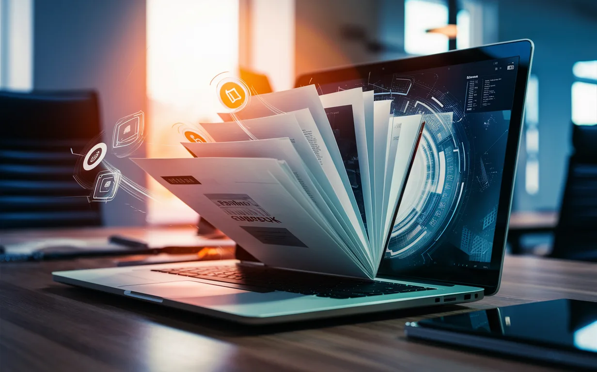 Realistic 4K image of a digital flipbook emerging from a PDF on a laptop screen in a modern office, emphasizing interactive digital publishing technology.