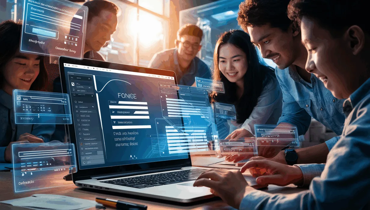 Realistic digital workspace with professionals using a code-free online form builder on a laptop, surrounded by holographic form elements, symbolizing easy and automated data collection.