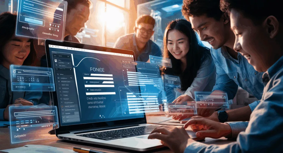 Realistic digital workspace with professionals using a code-free online form builder on a laptop, surrounded by holographic form elements, symbolizing easy and automated data collection.