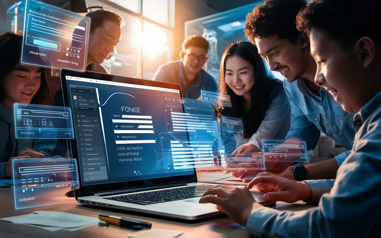 Realistic digital workspace with professionals using a code-free online form builder on a laptop, surrounded by holographic form elements, symbolizing easy and automated data collection.