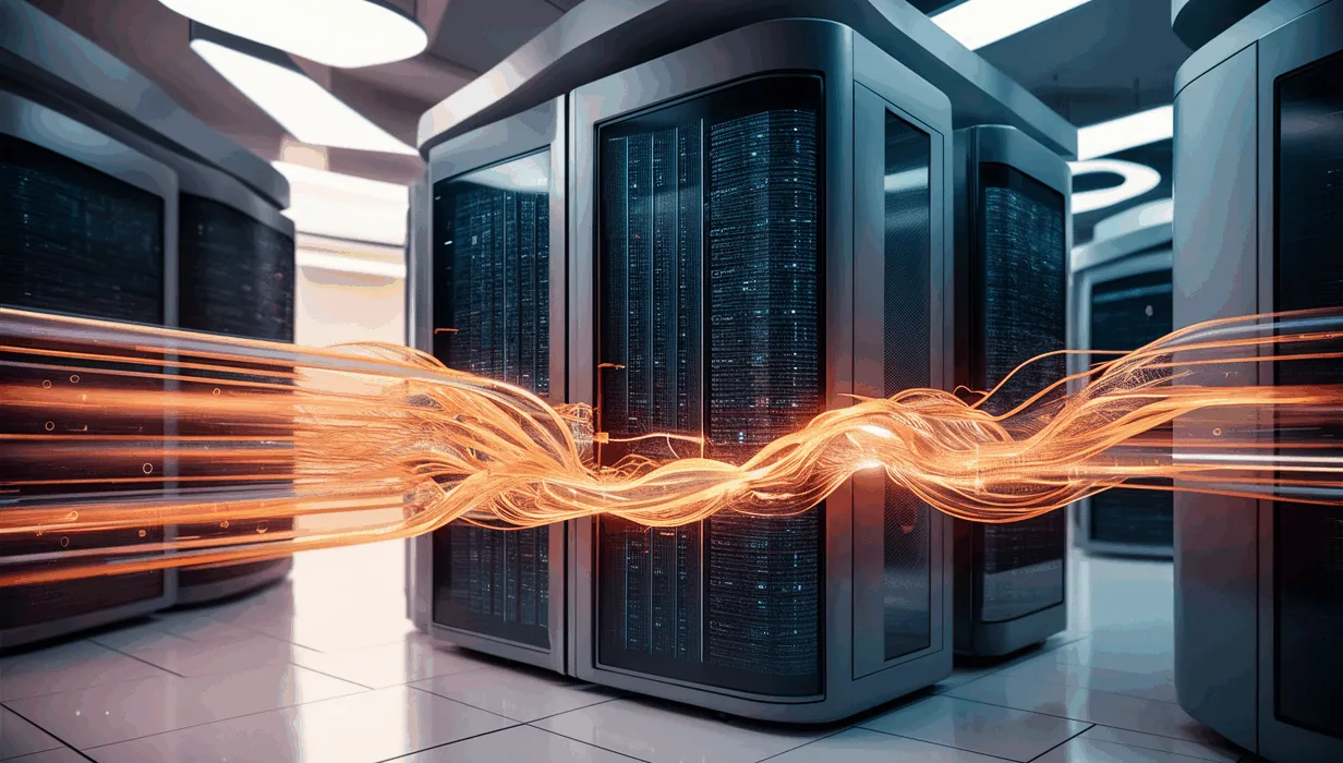 Realistic 4K image of a cloud data center with glowing data streams representing efficient automated background message queue processing in a modern IT environment.