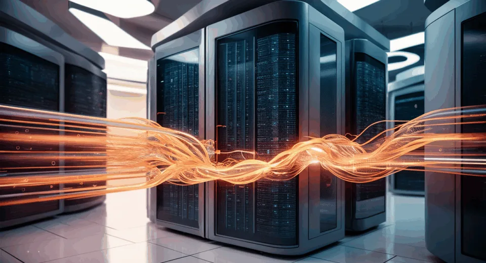 Realistic 4K image of a cloud data center with glowing data streams representing efficient automated background message queue processing in a modern IT environment.