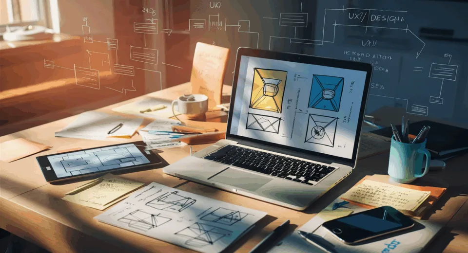 Realistic digital workspace for online UX/UI design education with laptop, tablets, design wireframes, and abstract UX/UI diagrams under natural light