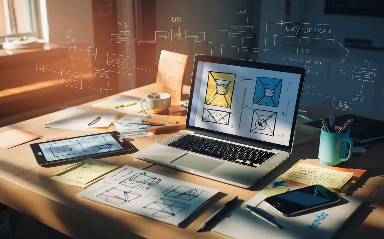 Realistic digital workspace for online UX/UI design education with laptop, tablets, design wireframes, and abstract UX/UI diagrams under natural light