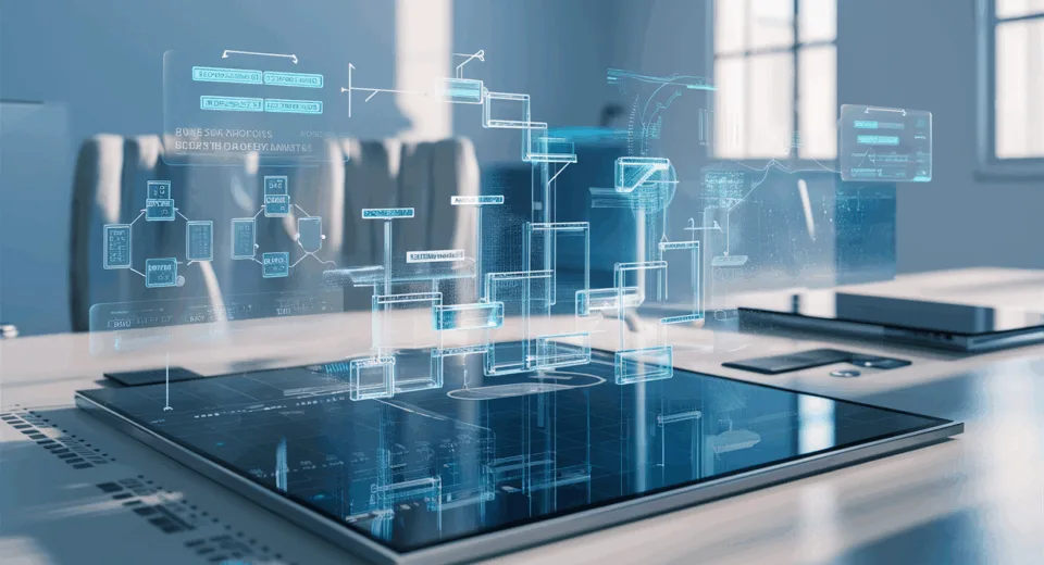 Realistic digital workspace featuring holographic workflow diagrams and a transparent touchscreen in a bright modern office, illustrating business process documentation and workflow automation.