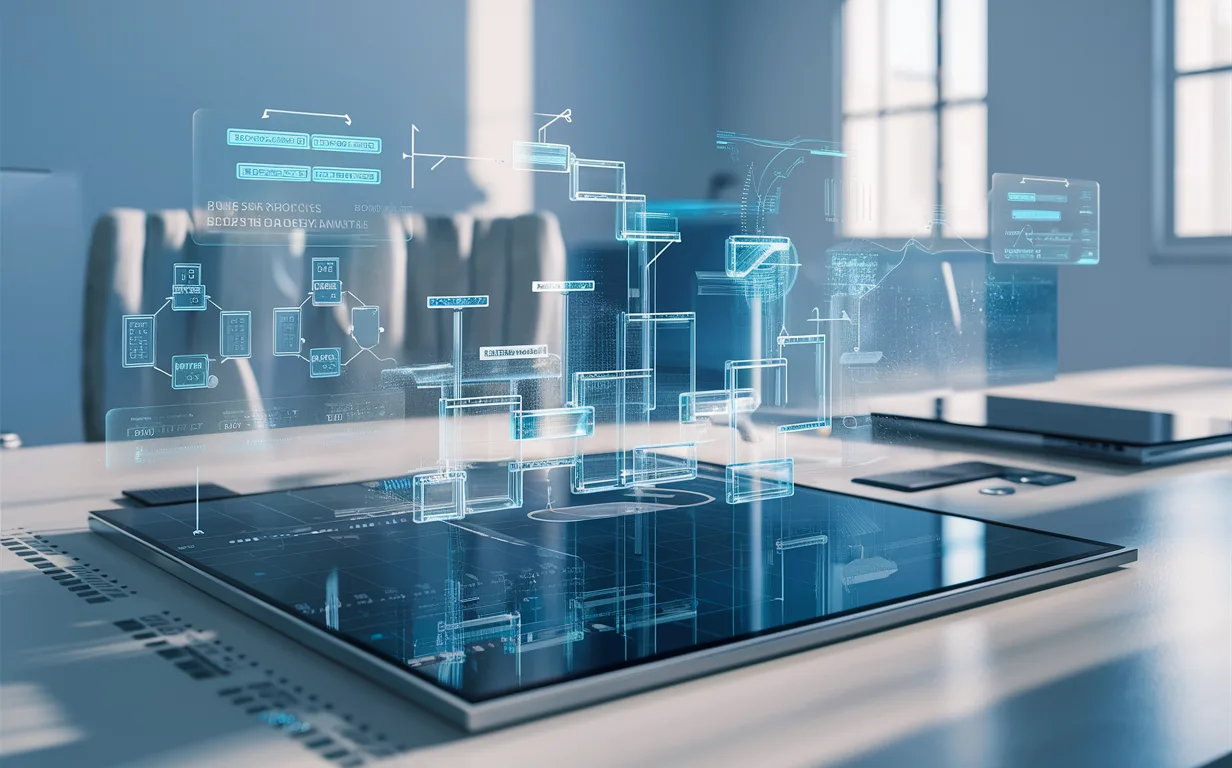 Realistic digital workspace featuring holographic workflow diagrams and a transparent touchscreen in a bright modern office, illustrating business process documentation and workflow automation.