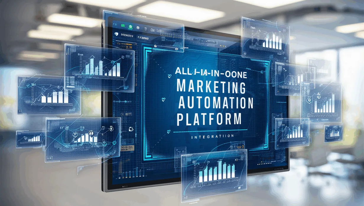 Realistic futuristic digital workspace displaying an all-in-one marketing automation platform interface with interconnected marketing, CRM, and sales automation visuals in a bright office.