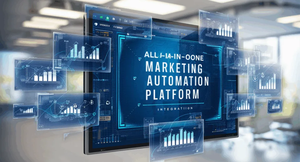 Realistic futuristic digital workspace displaying an all-in-one marketing automation platform interface with interconnected marketing, CRM, and sales automation visuals in a bright office.