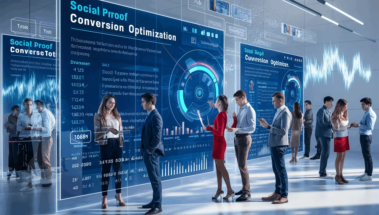 Realistic digital business environment showing a futuristic website dashboard with real-time social proof notifications and professionals interacting in a high-tech office.