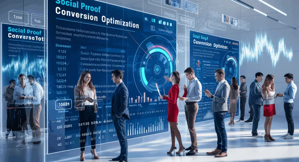 Realistic digital business environment showing a futuristic website dashboard with real-time social proof notifications and professionals interacting in a high-tech office.