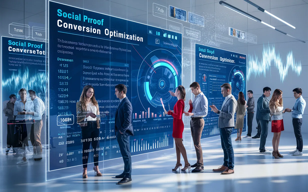 Realistic digital business environment showing a futuristic website dashboard with real-time social proof notifications and professionals interacting in a high-tech office.