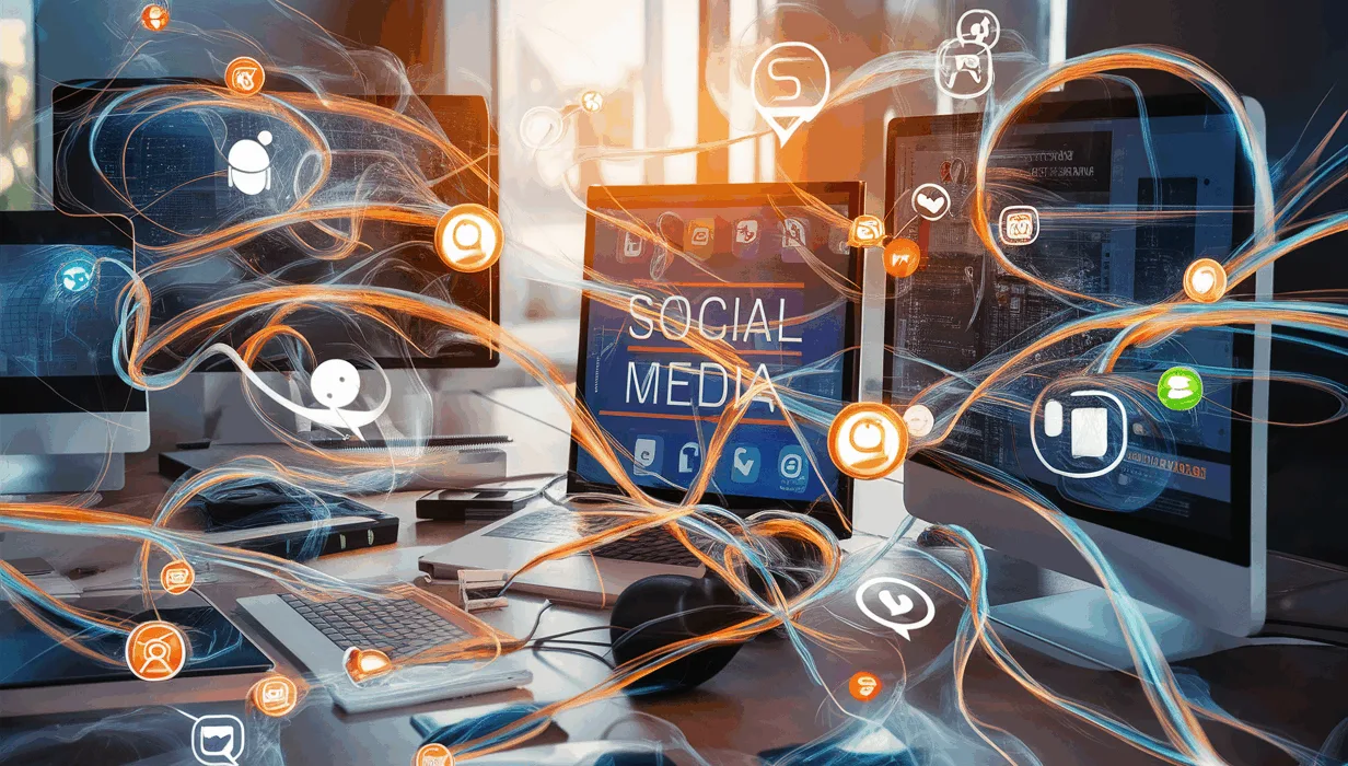 Digital workspace with screens showing automated social media content scheduling and recycling flows, visualizing marketing efficiency and continuous online presence.