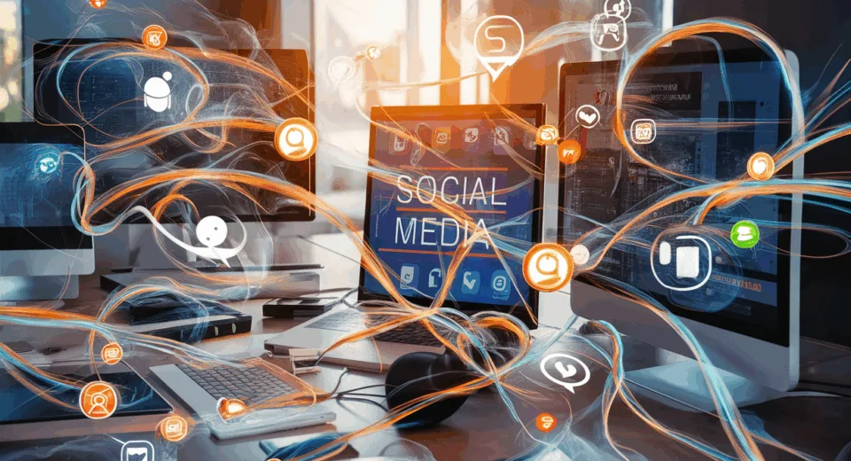 Digital workspace with screens showing automated social media content scheduling and recycling flows, visualizing marketing efficiency and continuous online presence.