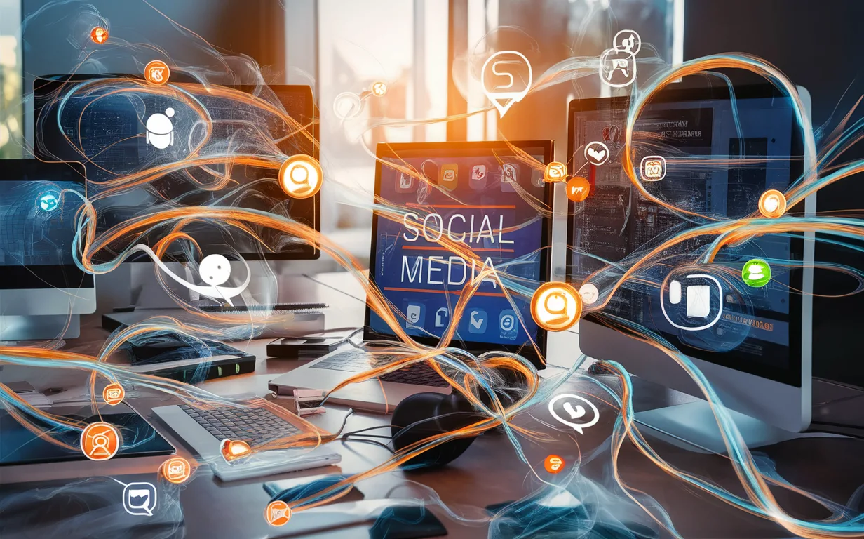 Digital workspace with screens showing automated social media content scheduling and recycling flows, visualizing marketing efficiency and continuous online presence.