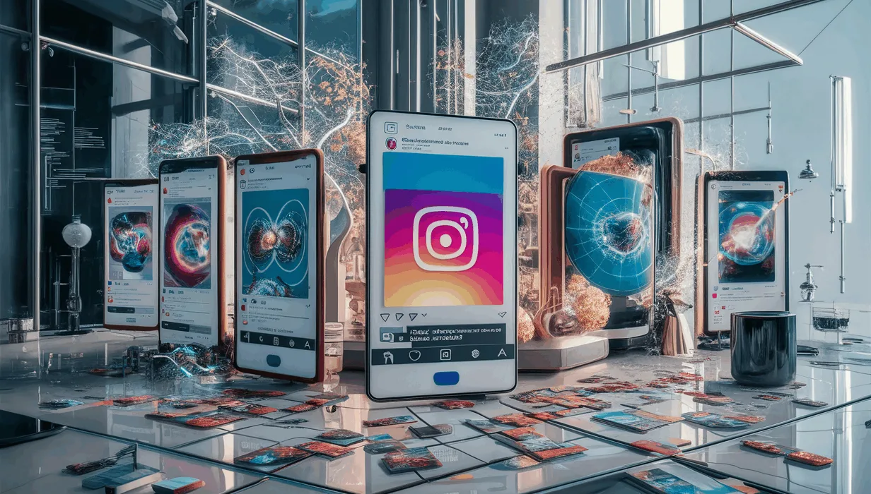 Realistic workspace with multiple digital screens showing colorful carousel post previews for Instagram and LinkedIn, surrounded by subtle AI neural network visuals representing automated social media marketing.