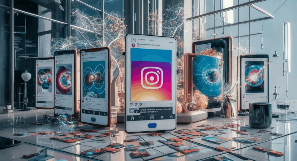 Realistic workspace with multiple digital screens showing colorful carousel post previews for Instagram and LinkedIn, surrounded by subtle AI neural network visuals representing automated social media marketing.
