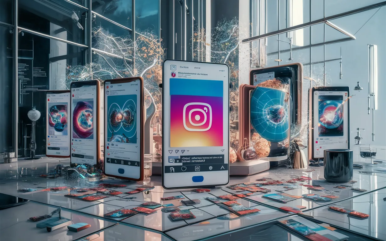 Realistic workspace with multiple digital screens showing colorful carousel post previews for Instagram and LinkedIn, surrounded by subtle AI neural network visuals representing automated social media marketing.