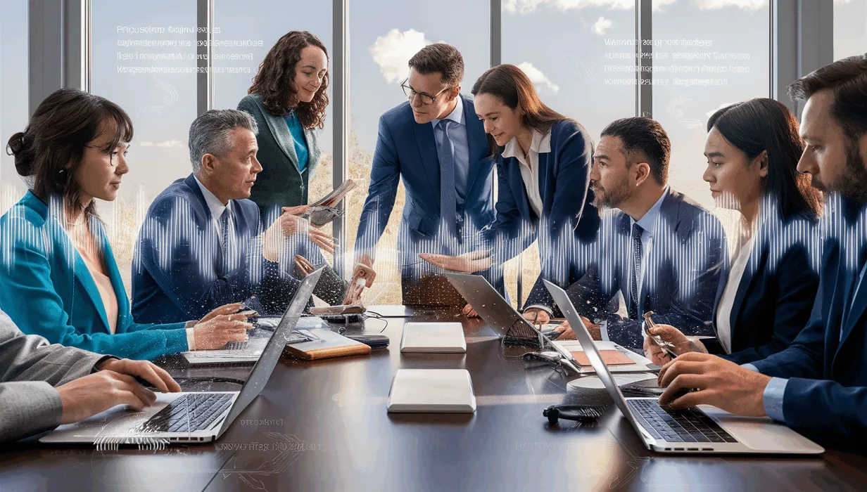 Realistic business meeting with AI voice transcription, showing professionals collaborating effectively with digital sound waves and transcript visuals in a bright, modern conference room.
