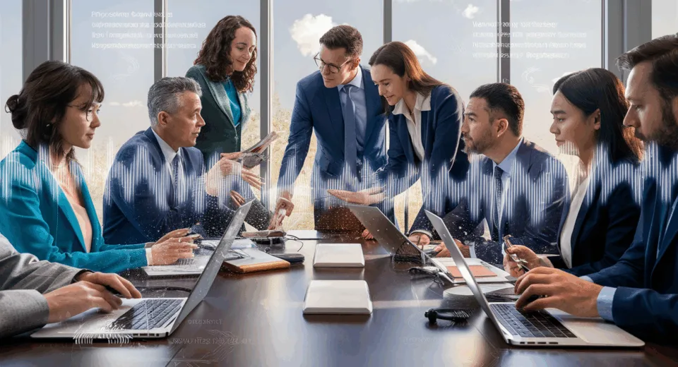 Realistic business meeting with AI voice transcription, showing professionals collaborating effectively with digital sound waves and transcript visuals in a bright, modern conference room.