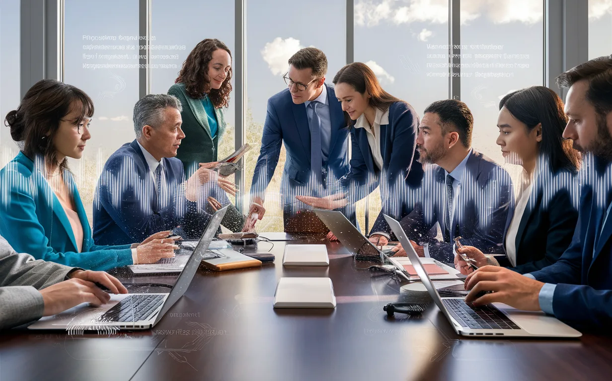 Realistic business meeting with AI voice transcription, showing professionals collaborating effectively with digital sound waves and transcript visuals in a bright, modern conference room.