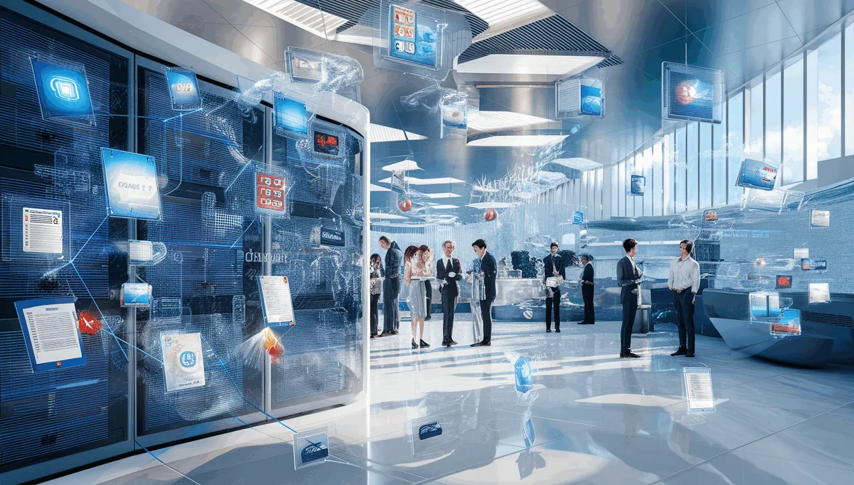 Realistic 4K image of a futuristic cloud computing environment illustrating an integrated brand asset management platform with professionals collaborating and digital brand assets synchronizing in the cloud.