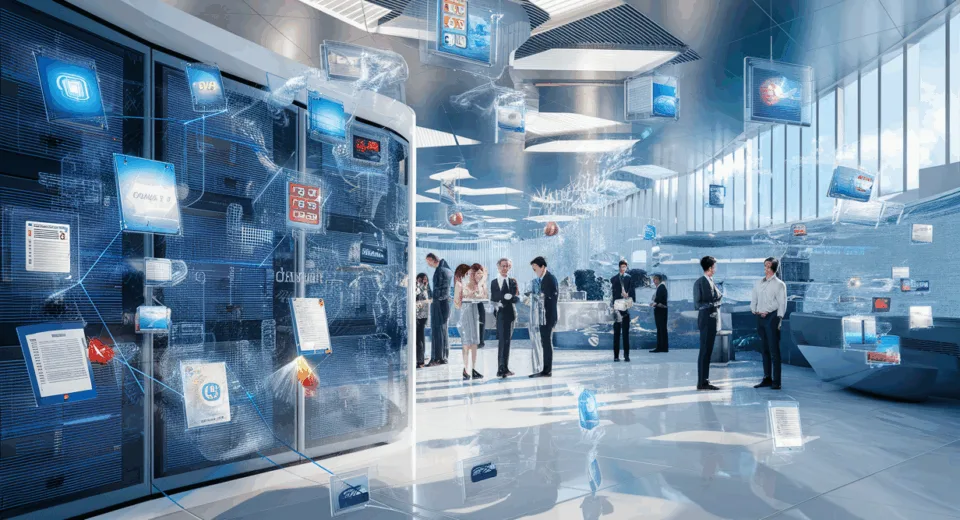 Realistic 4K image of a futuristic cloud computing environment illustrating an integrated brand asset management platform with professionals collaborating and digital brand assets synchronizing in the cloud.