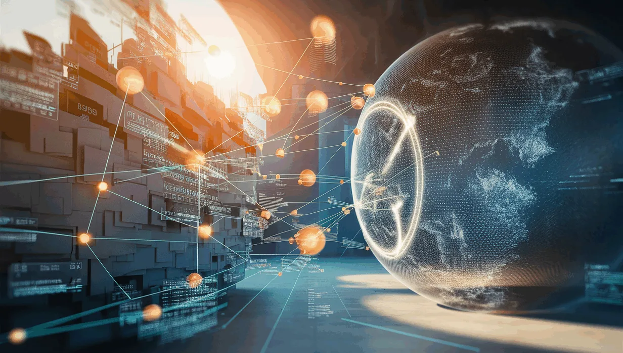 Digital network visualization symbolizing a comprehensive alumni management platform connecting universities and graduates with glowing interconnected nodes in a modern educational setting.