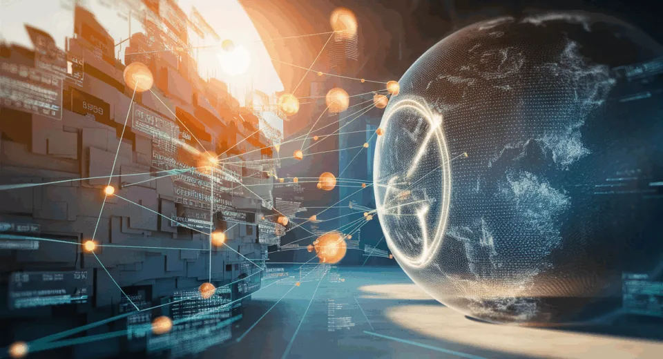 Digital network visualization symbolizing a comprehensive alumni management platform connecting universities and graduates with glowing interconnected nodes in a modern educational setting.